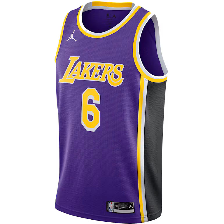 Los Angeles Lakers LeBron James #6 Jersey front view in purple with gold and white Lakers lettering, number 6 and black side panels