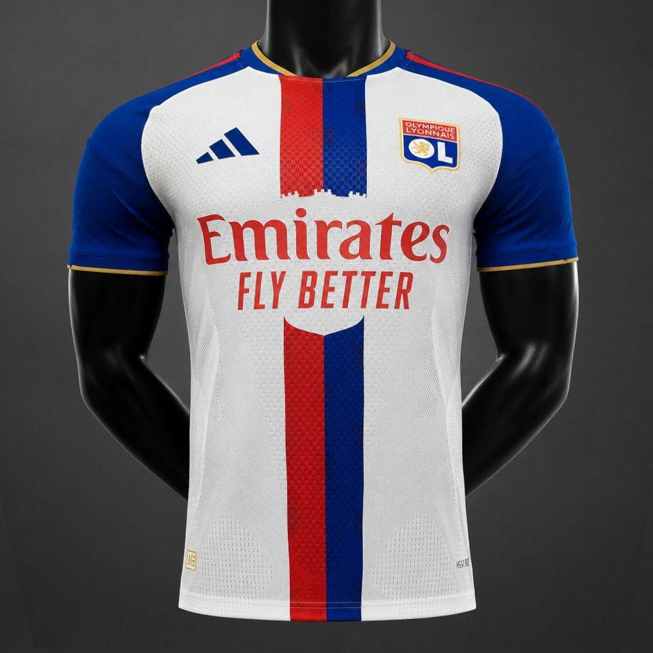 Lyon Home Jersey 2026/27 front view with white base blue sleeves and red blue centre stripe