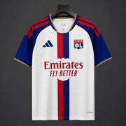 Lyon Home Jersey 2026/27 front view with white base blue sleeves and red blue centre stripe