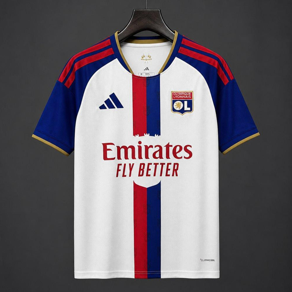Lyon Home Jersey 2026/27 front view with white base blue sleeves and red blue centre stripe