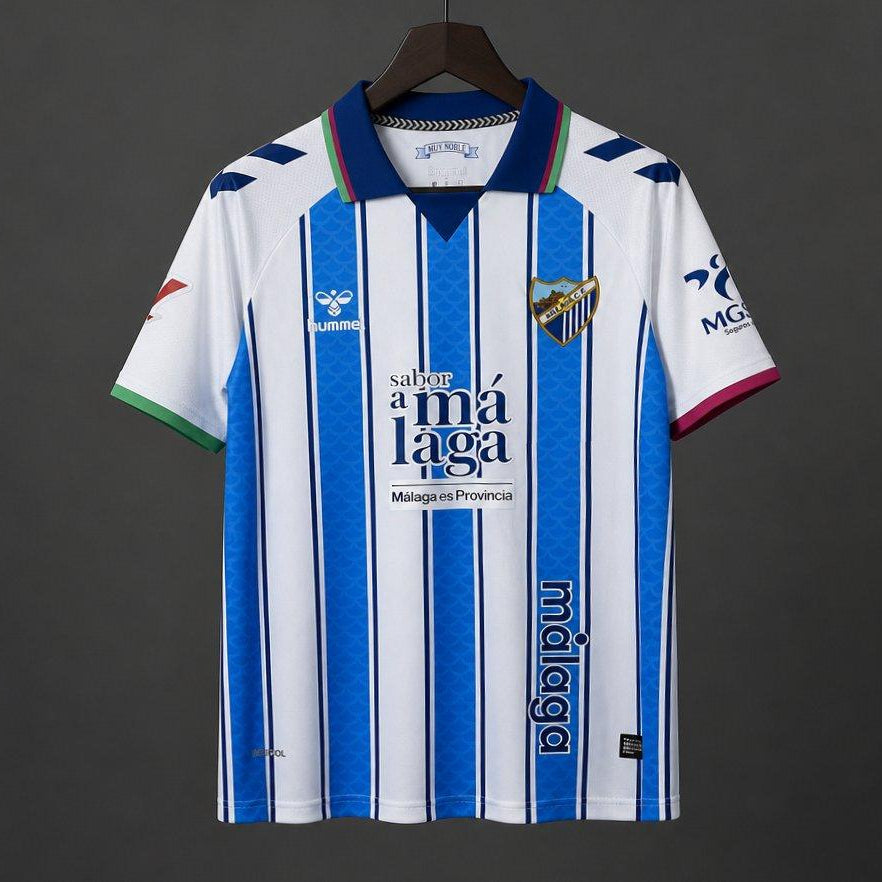 Malaga Home Jersey 2026/27 front view with blue and white vertical stripes