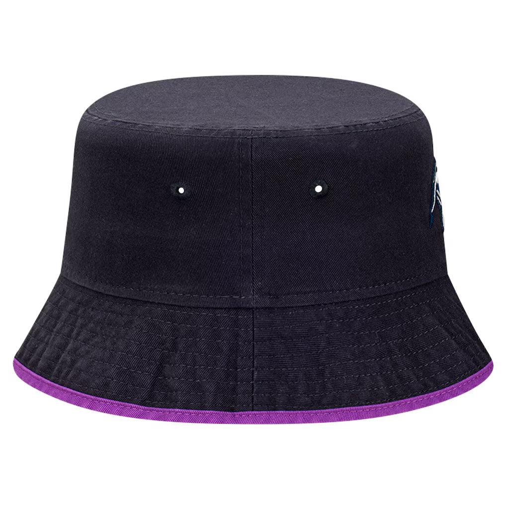 Melbourne Storm New Era Trim Bucket Hat back view with black crown and purple trim