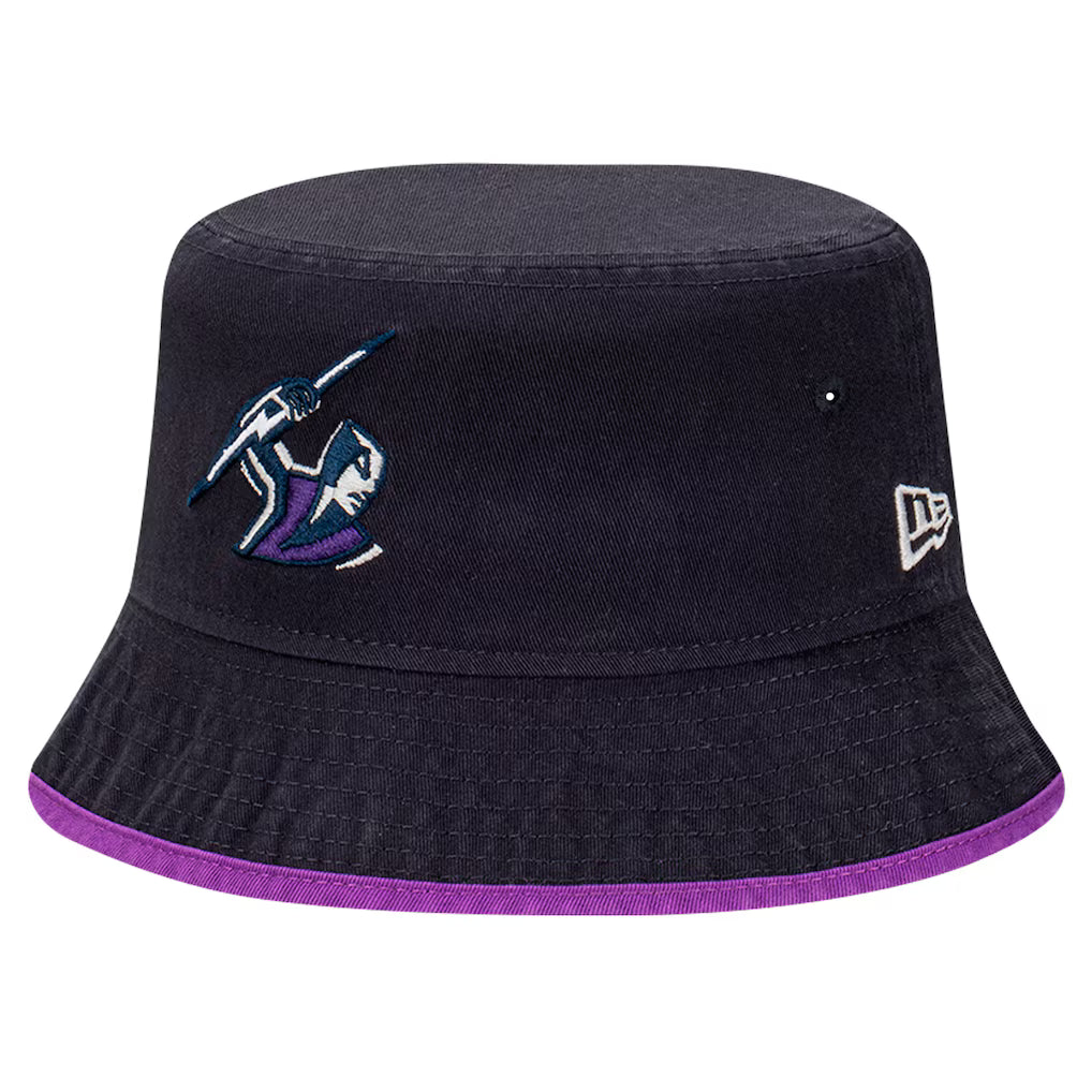 Melbourne Storm New Era Trim Bucket Hat front view with black design and Storm logo