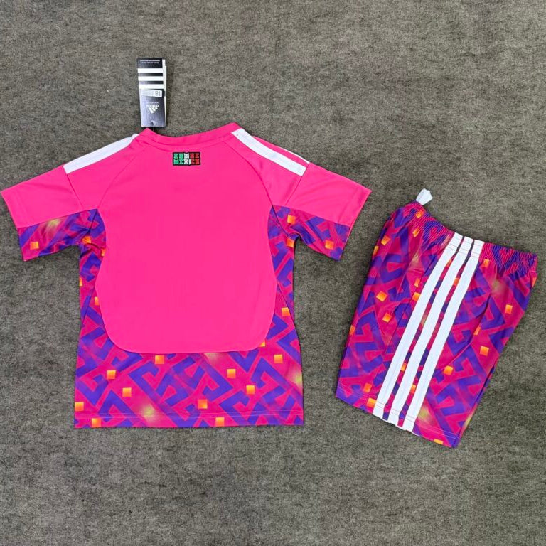 Mexico Goalkeeper Jersey 2026 Kids Set back view with pink short sleeve jersey and patterned shorts