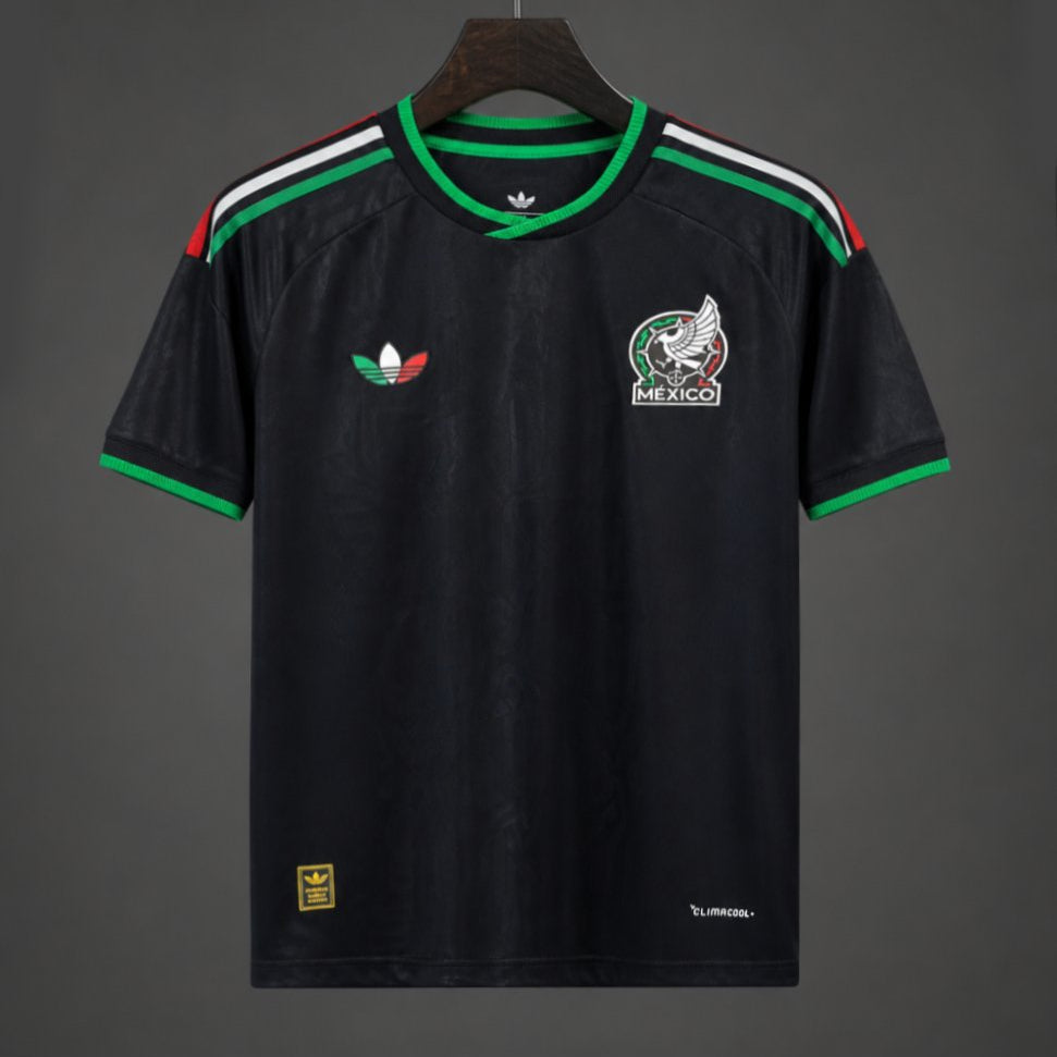 Mexico Third Jersey 2026 front view in black with green trim, national colour shoulder accents and Mexico crest