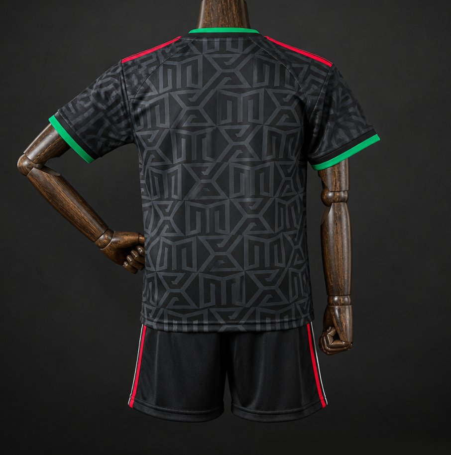 Mexico Third Jersey 2026 Kids Set back view with black geometric pattern, green sleeve trim, red shoulder accents and matching shorts