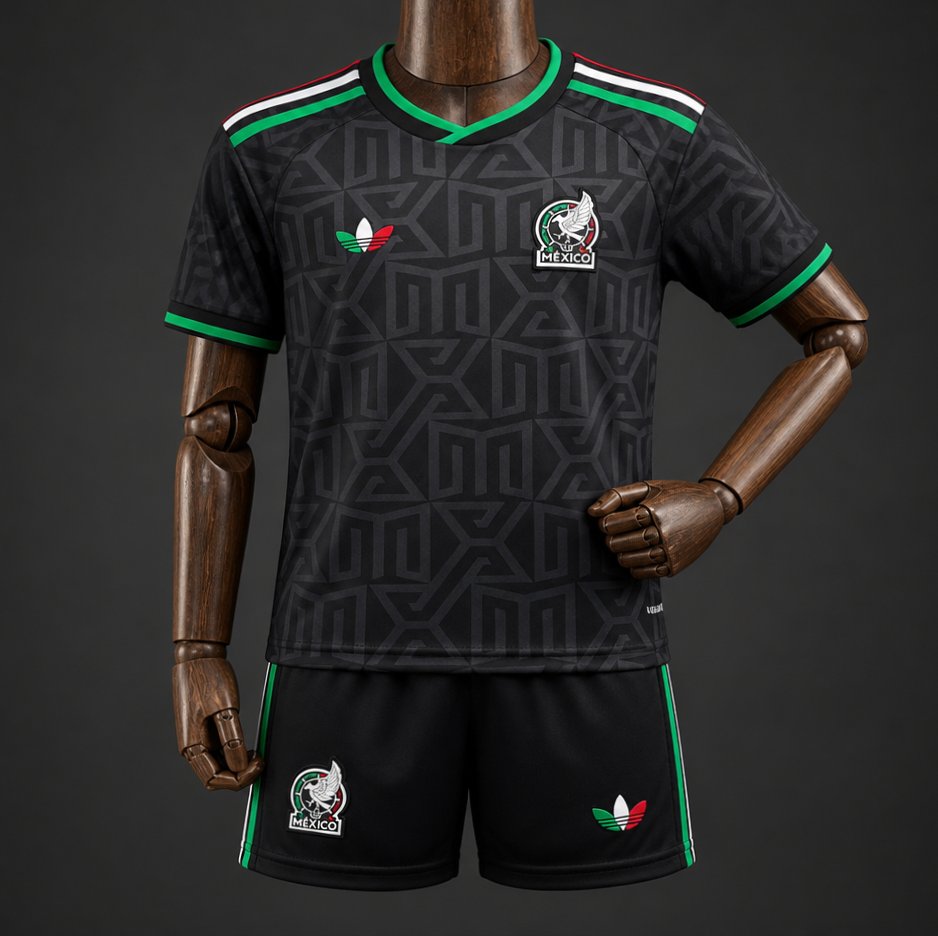 Mexico Third Jersey 2026 Kids Set front view with black patterned jersey, green trim, national colour shoulder accents and matching shorts
