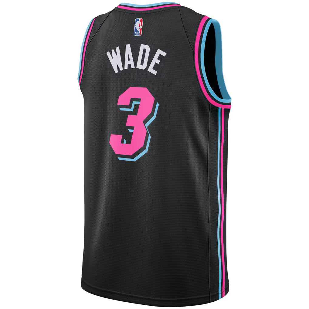 Miami Heat City Swingman Jersey Dwyane Wade #3 back view in black with Wade name and number 3 in pink and blue