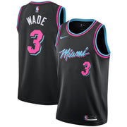 Miami Heat City Swingman Jersey featuring Dwyane Wade #3 shown from the front and back in black with pink and blue Miami Vice-inspired details