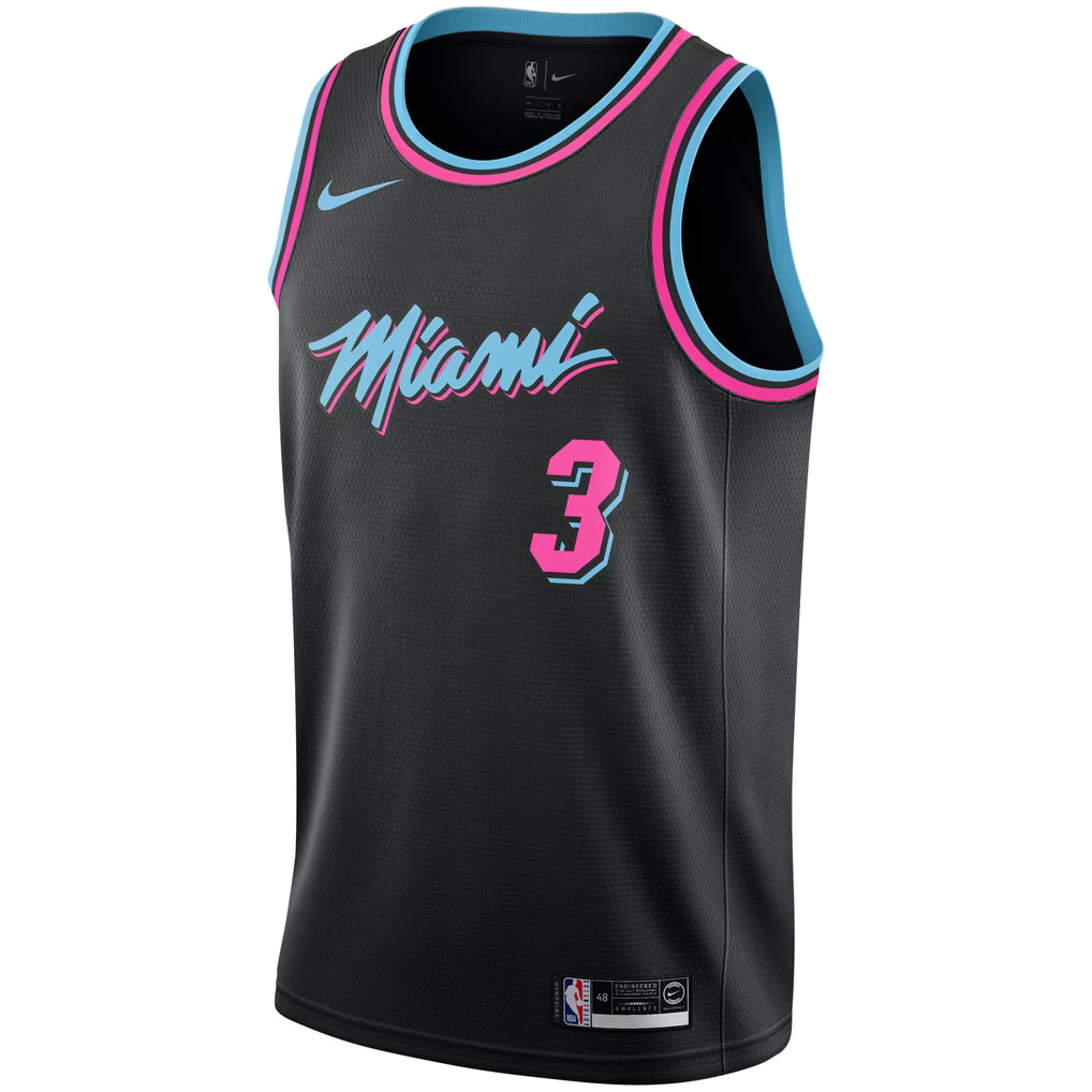 Miami Heat City Swingman Jersey Dwyane Wade #3 front view in black with pink and blue trim and Miami wordmark