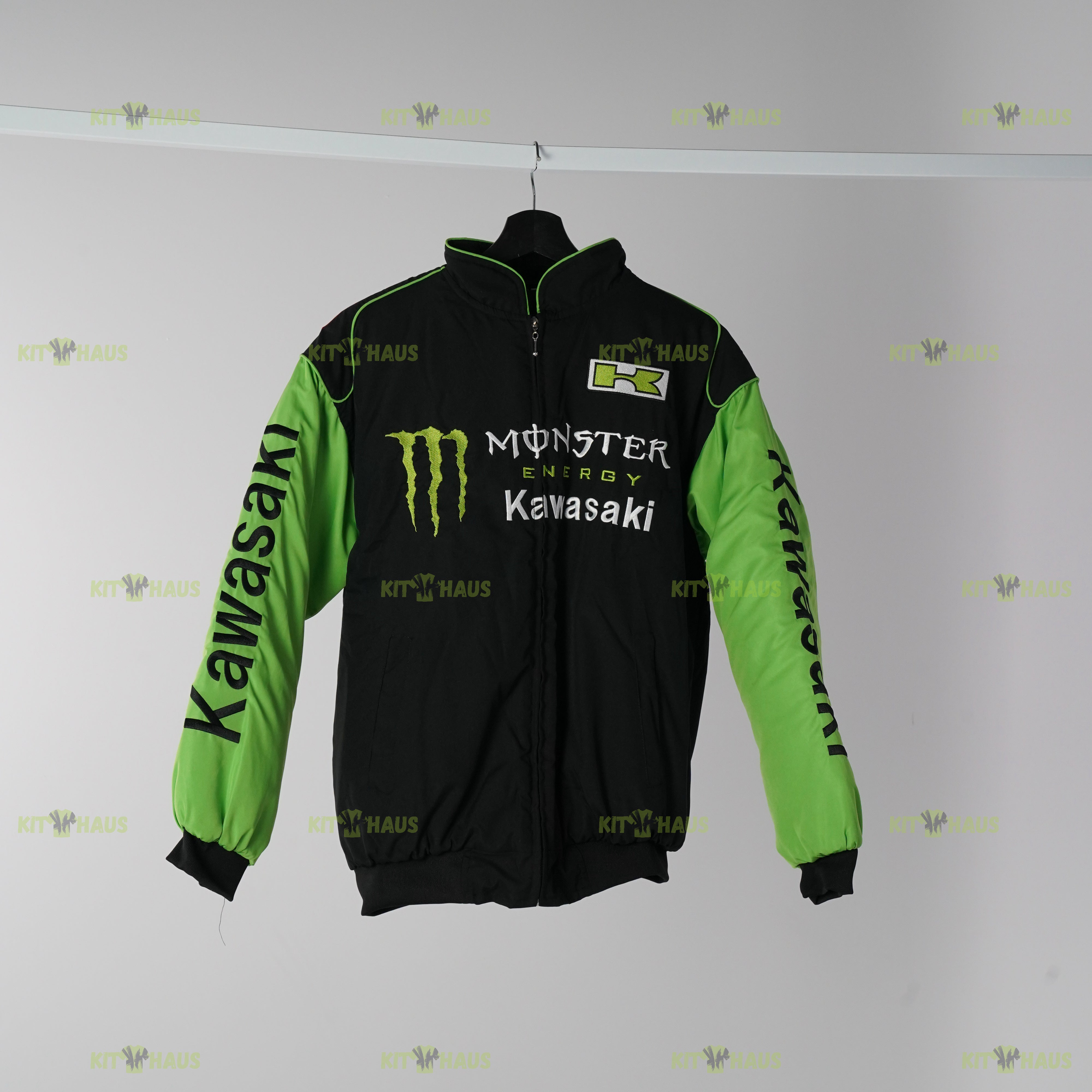 Monster Energy Kawasaki racing jacket front view black green bomber