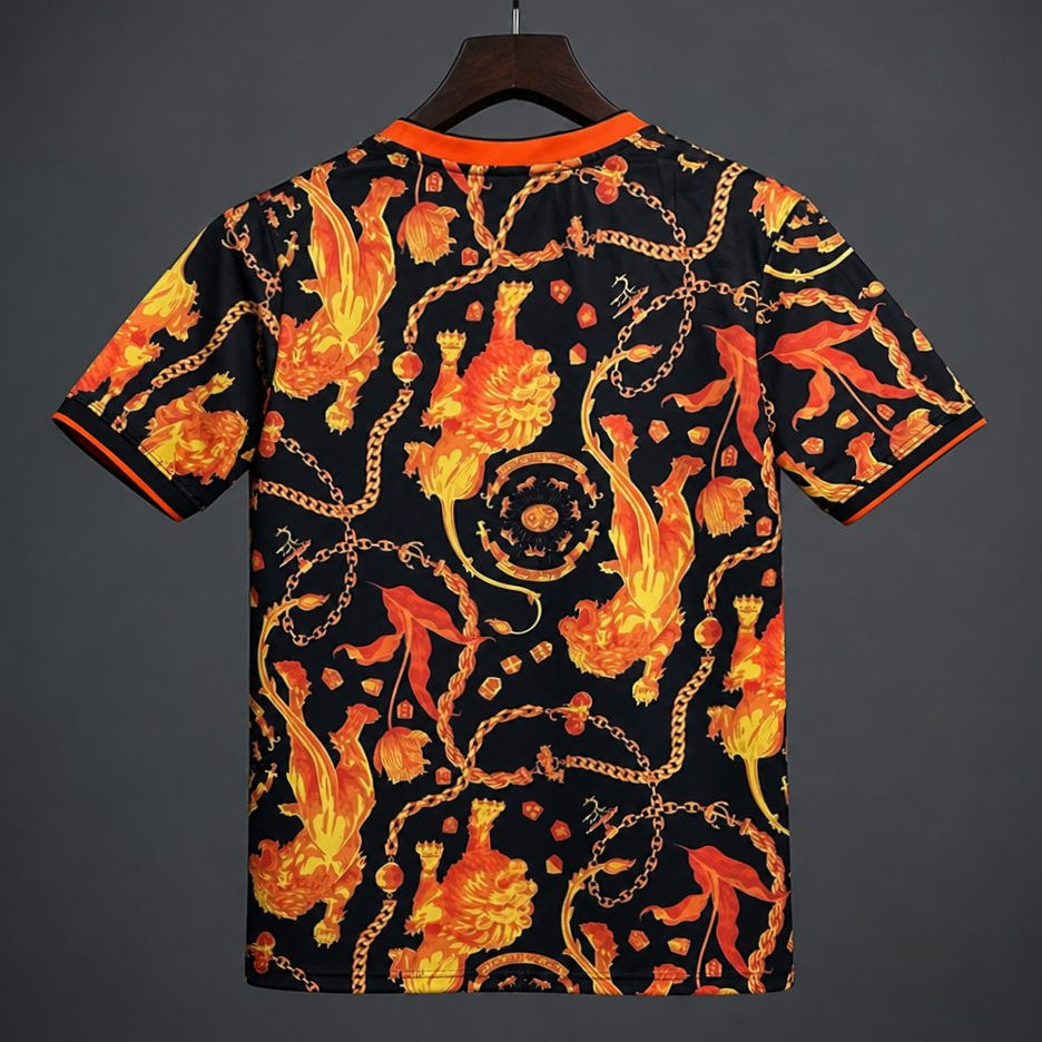 Netherlands x Patta Pre-Match Jersey 2026 back view with black base and orange all-over graphic print