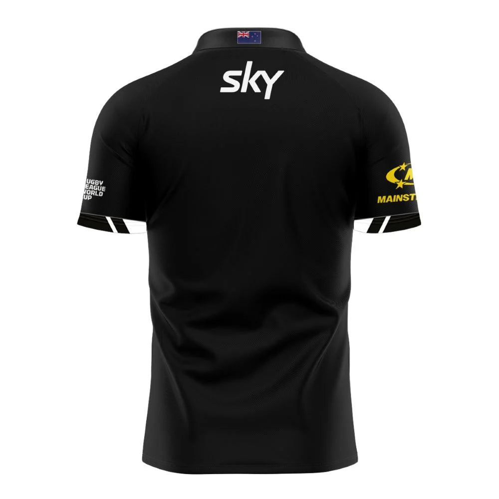 New Zealand Kiwis Rugby League World Cup 2026 Home Jersey back view, black with Sky sponsor and New Zealand flag at the collar