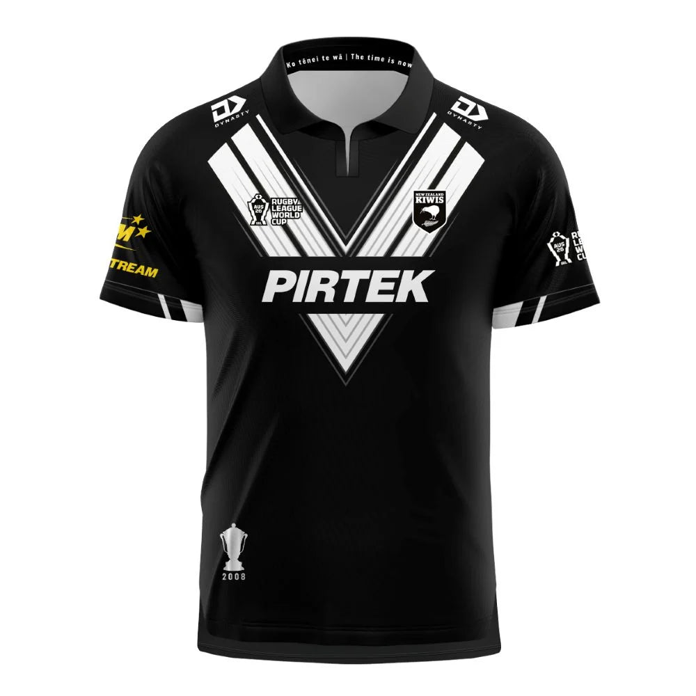 New Zealand Kiwis Rugby League World Cup 2026 Home Jersey front view, black with white double chevron, Kiwis crest, PIRTEK sponsor and RLWC logo