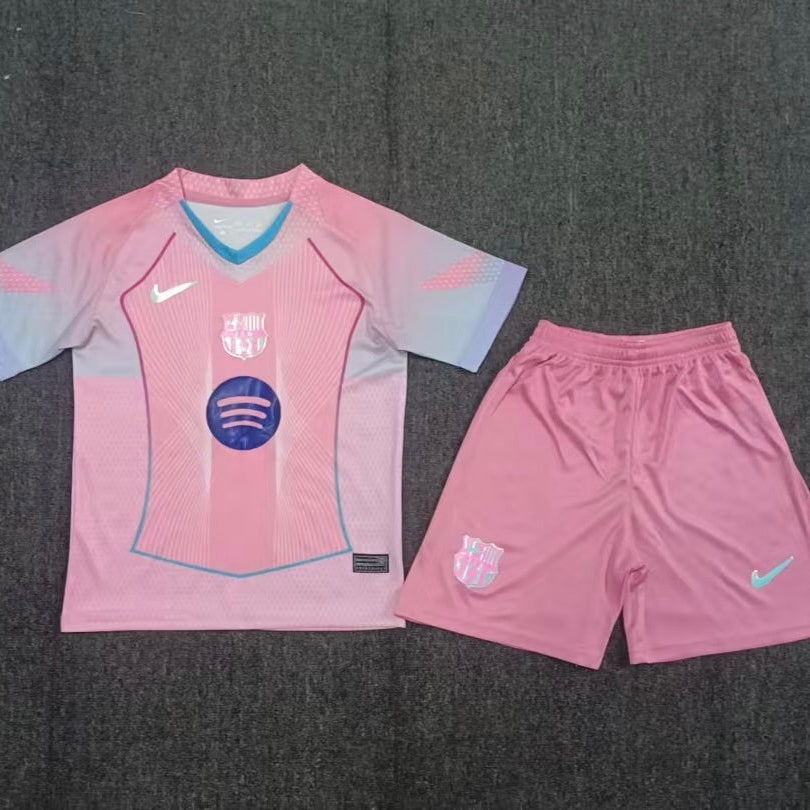 Nike Barcelona pink special edition kids kit front view jersey and shorts
