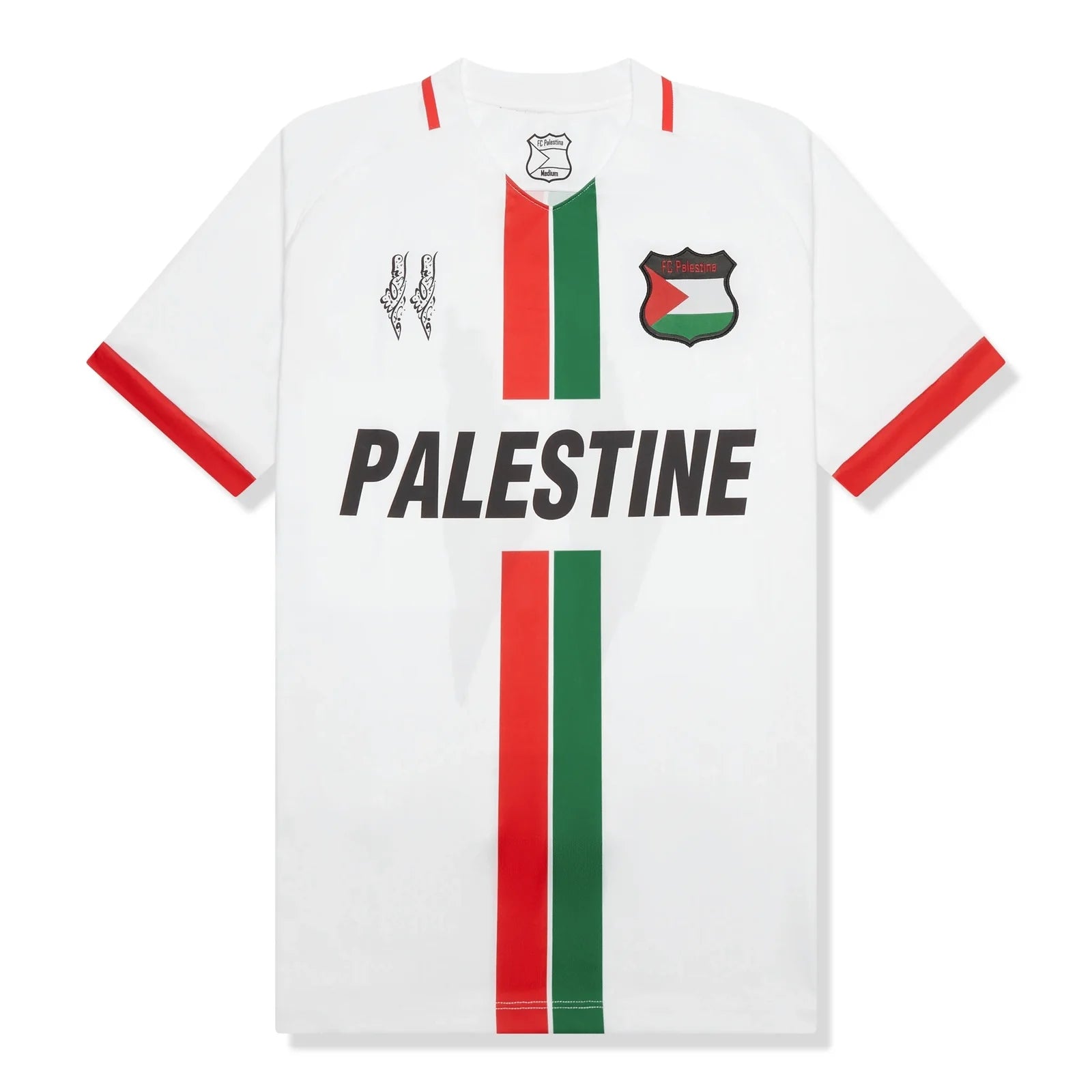 Palestine 2023 away jersey white front with red and green stripe design