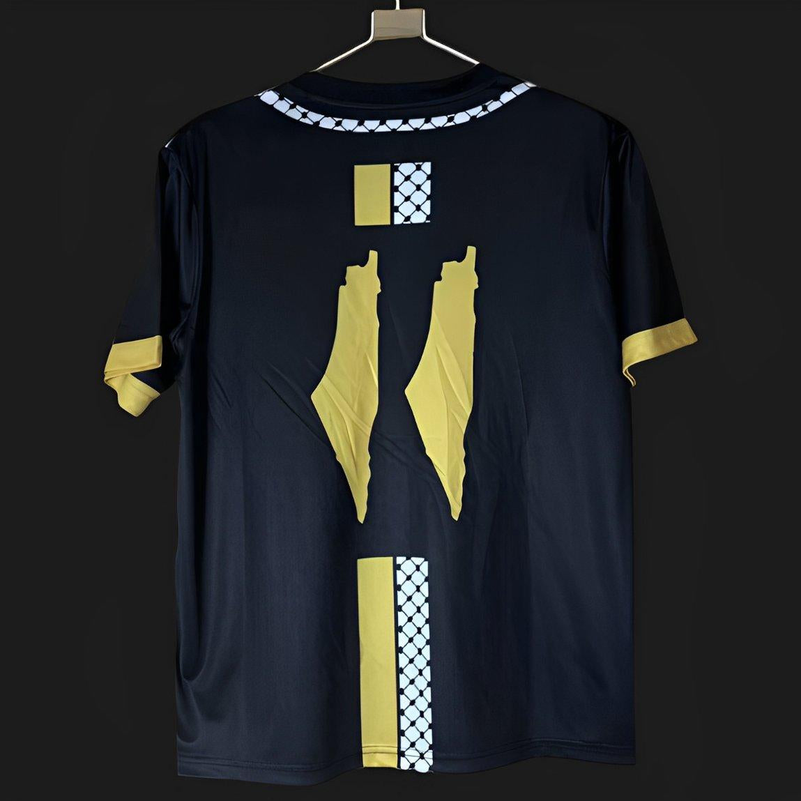 Palestine black gold kufiya jersey back view
