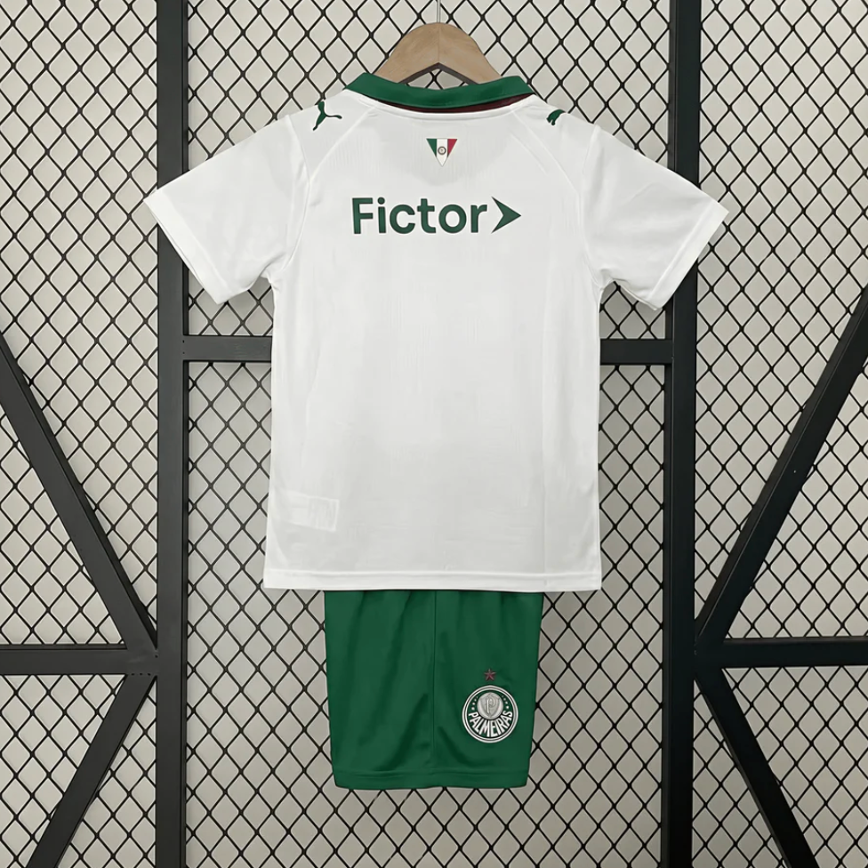Palmeiras Away Jersey 2026 Kids Set back view with white shirt and green shorts