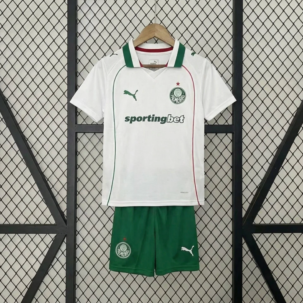 Palmeiras Away Jersey 2026 Kids Set front view with white jersey and green shorts