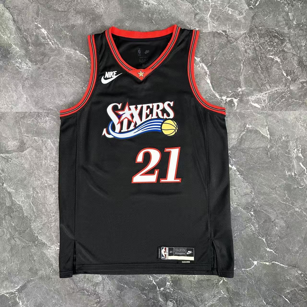 Philadelphia 76ers 2025/26 retro black swingman jersey Joel Embiid number 21 front and back view