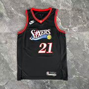 Philadelphia 76ers 2025/26 retro black swingman jersey Joel Embiid number 21 front and back view