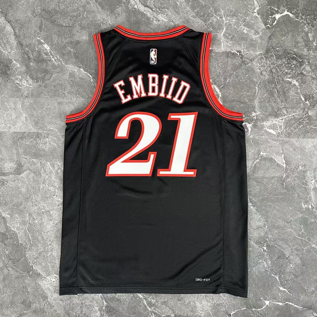 Philadelphia 76ers 2025/26 retro black swingman jersey Joel Embiid number 21 front and back view