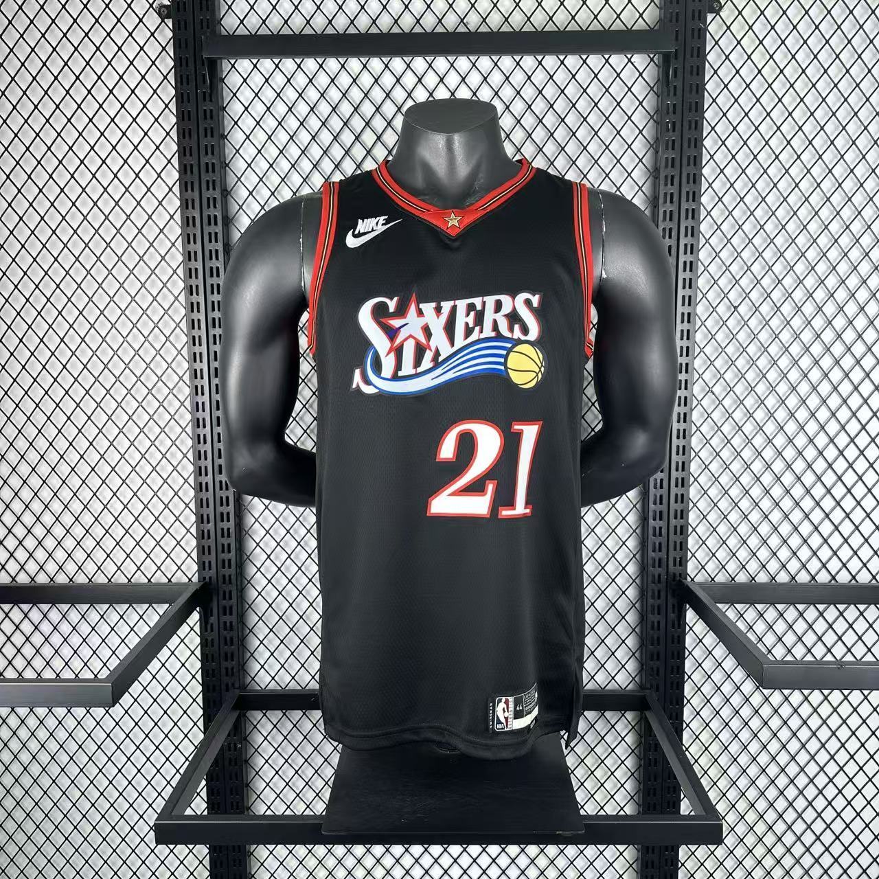 Philadelphia 76ers 2025/26 retro black swingman jersey Joel Embiid number 21 front and back view