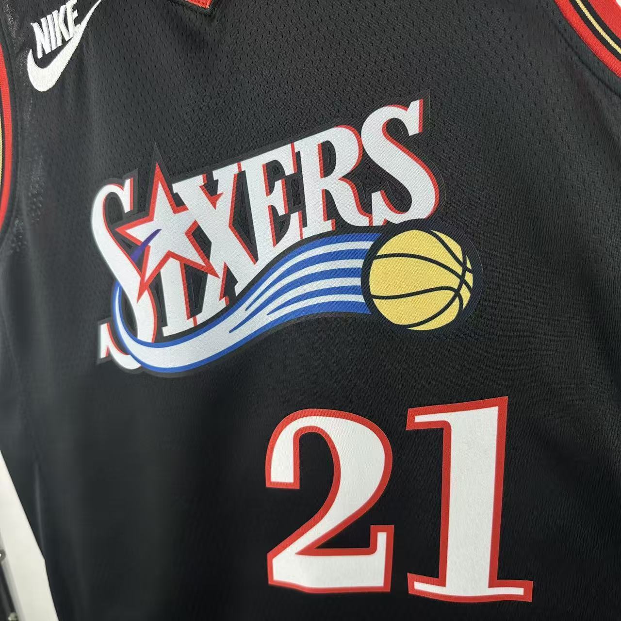 Philadelphia 76ers 2025/26 retro black swingman jersey Joel Embiid number 21 front and back view
