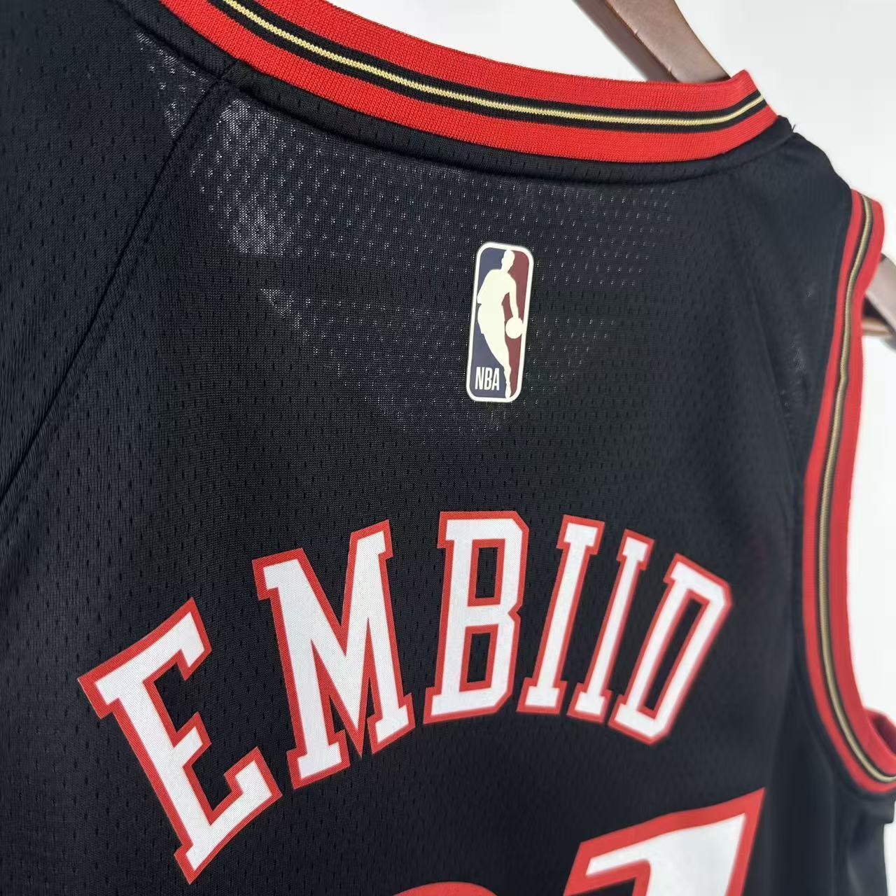 Philadelphia 76ers 2025/26 retro black swingman jersey Joel Embiid number 21 front and back view