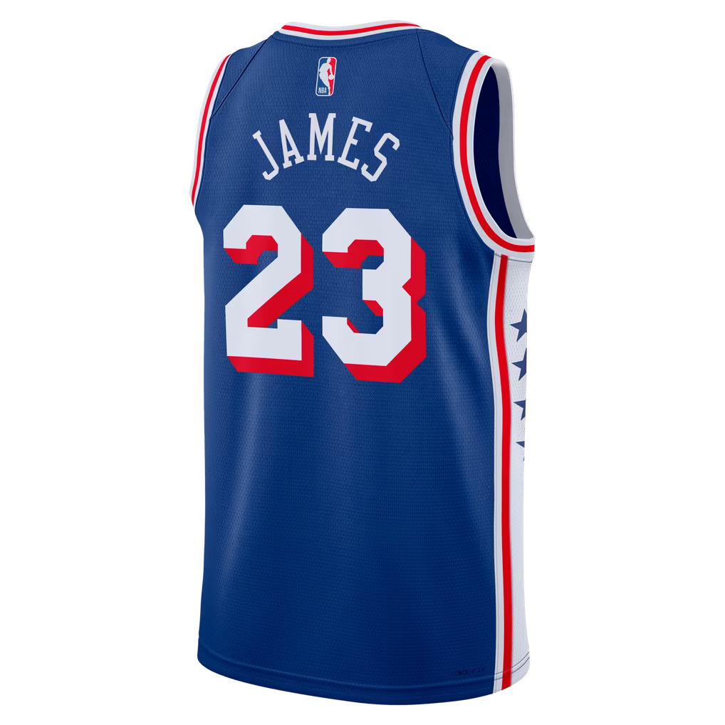 Philadelphia 76ers LeBron James #23 Association Edition Swingman Jersey back view with JAMES name and number 23