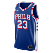 Philadelphia 76ers LeBron James #23 Association Edition Swingman Jersey front view in blue with PHILA lettering and red and white trim