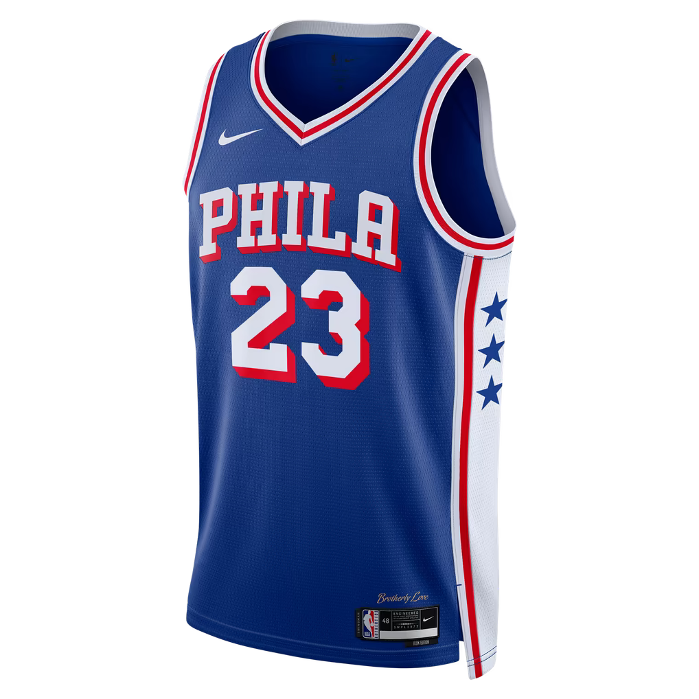 Philadelphia 76ers LeBron James #23 Association Edition Swingman Jersey front view in blue with PHILA lettering and red and white trim