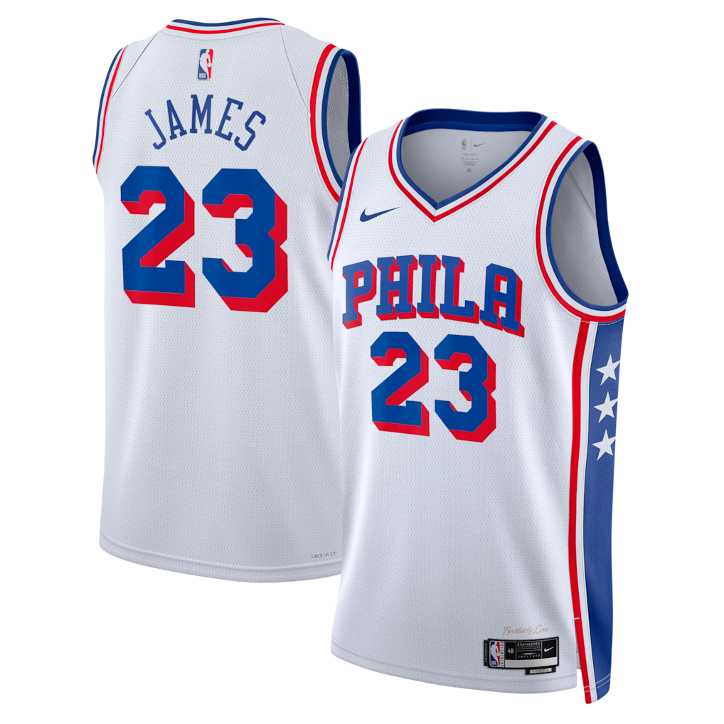 LeBron James #23 Philadelphia 76ers White Swingman Jersey Side by Side View
