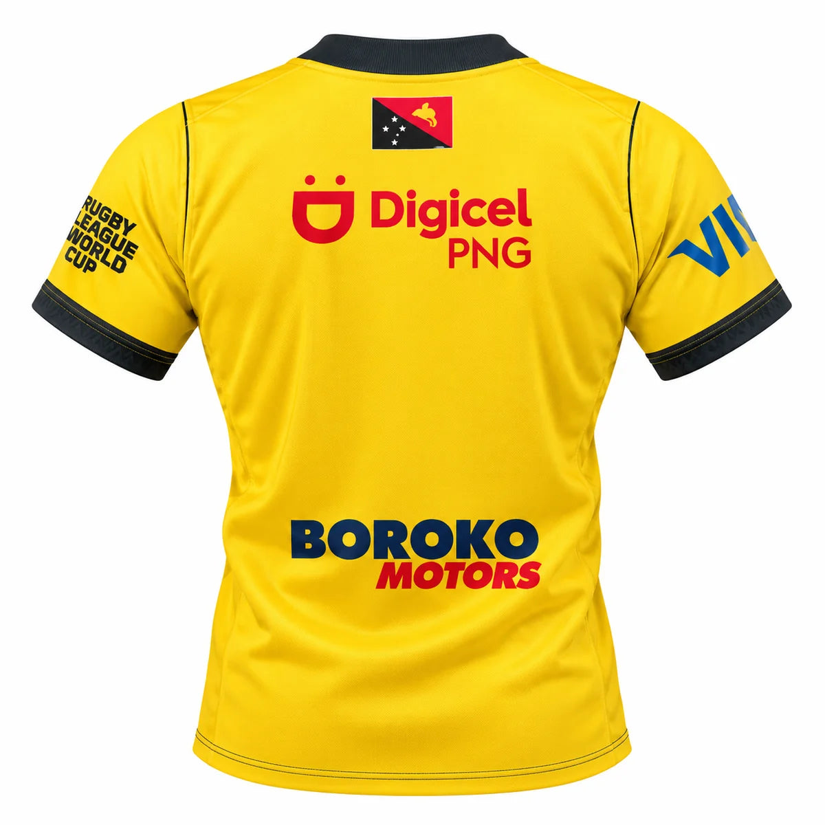 PNG Kumuls Rugby League World Cup 2026 Home Jersey back view, yellow with Digicel PNG and Boroko Motors sponsor graphics