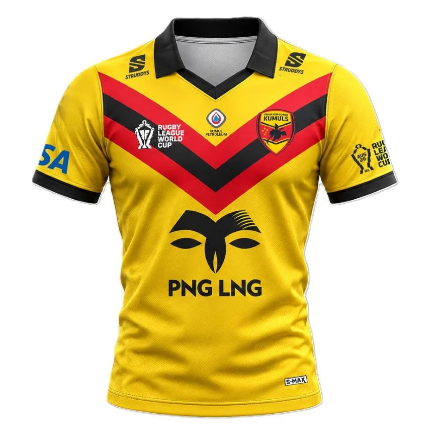 PNG Kumuls Rugby League World Cup 2026 Home Jersey front view, yellow with red and black chevron, Kumuls crest and PNG LNG sponsor