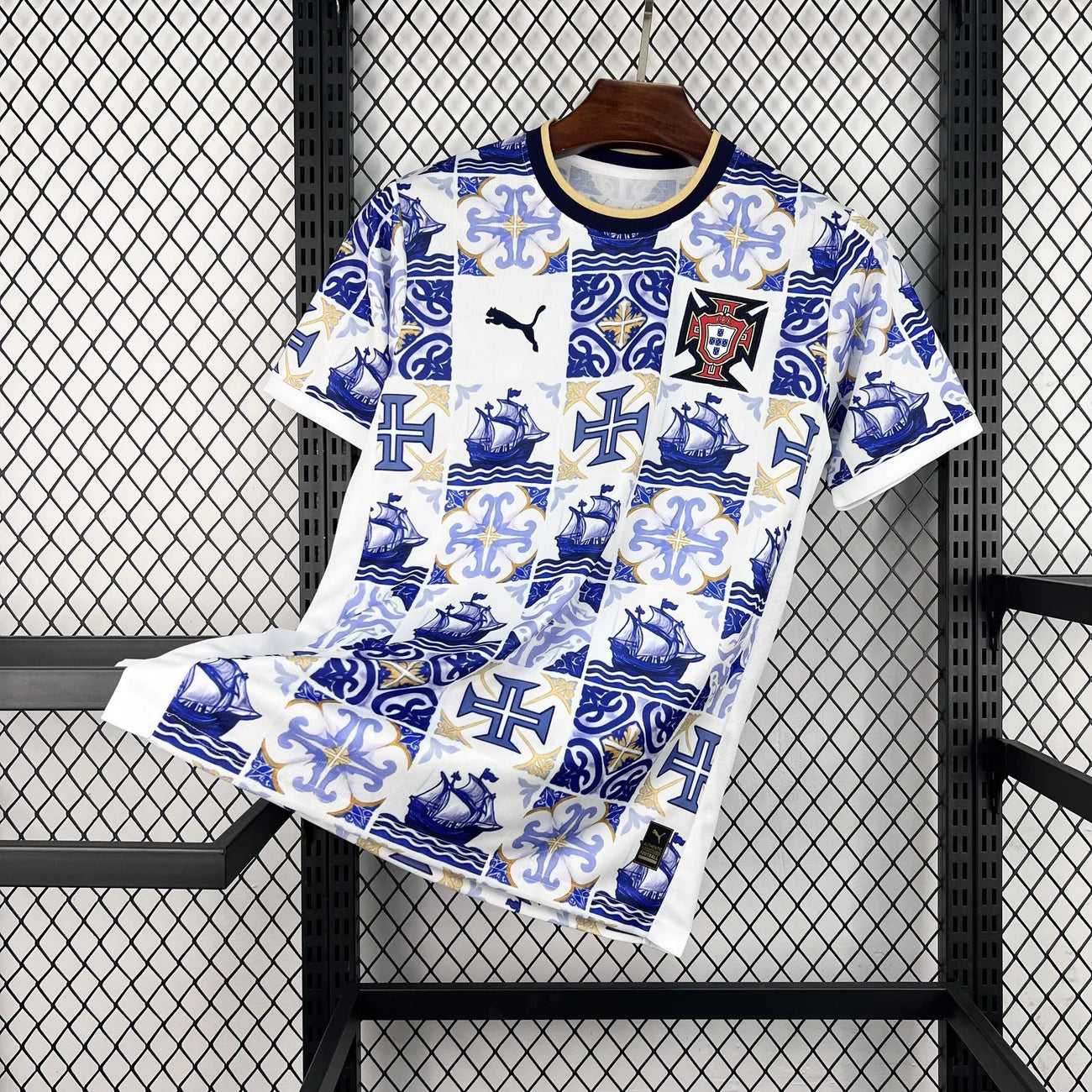 Portugal Azulejos Jersey front view with white base and blue tile inspired design