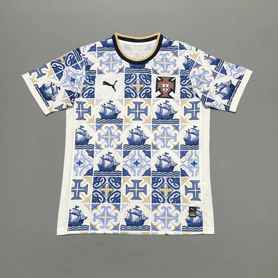 Portugal Azulejos Jersey front view with white base and blue tile inspired design