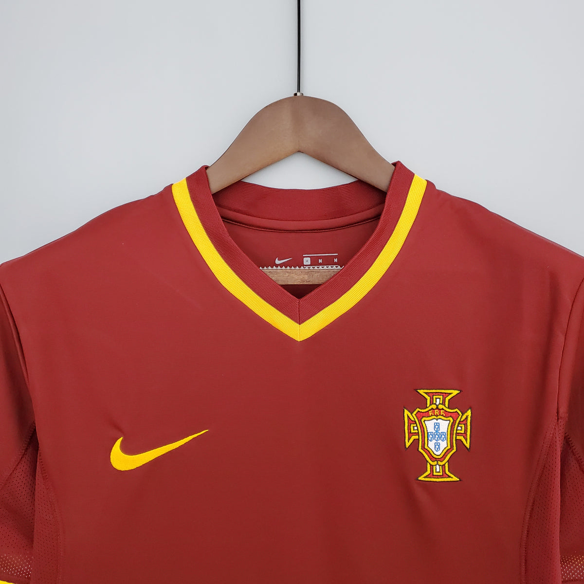 Portugal Home Jersey 2000 upper front detail showing the V-neck collar, chest logo and Portugal crest