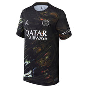 PSG Night Edition Jersey 2025/26 front view with black design colourful graphic accents and Qatar Airways sponsor