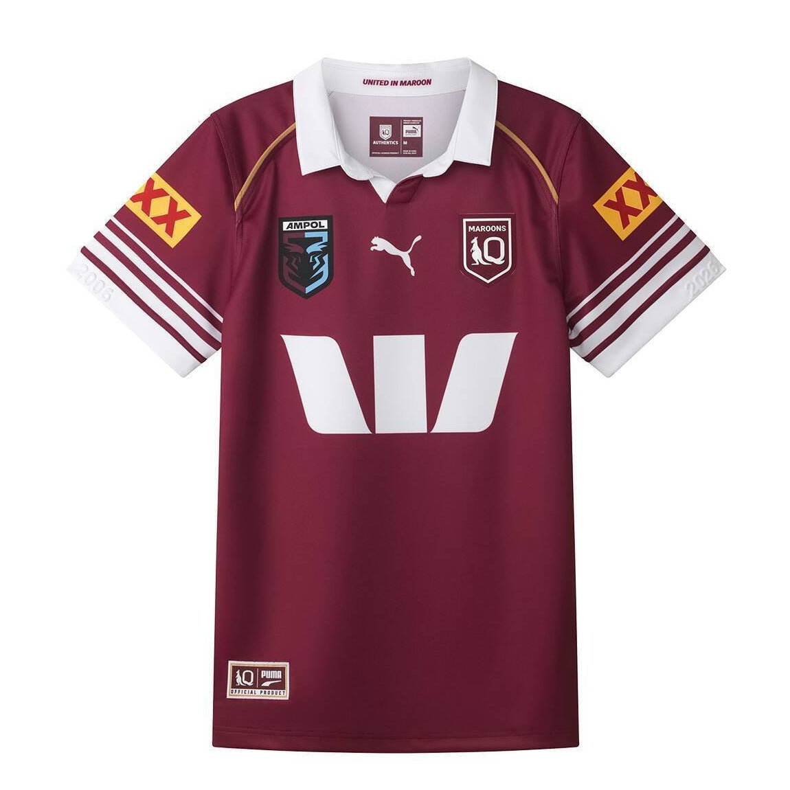 Puma QLD Maroons State of Origin 2026 home jersey front view maroon and white
