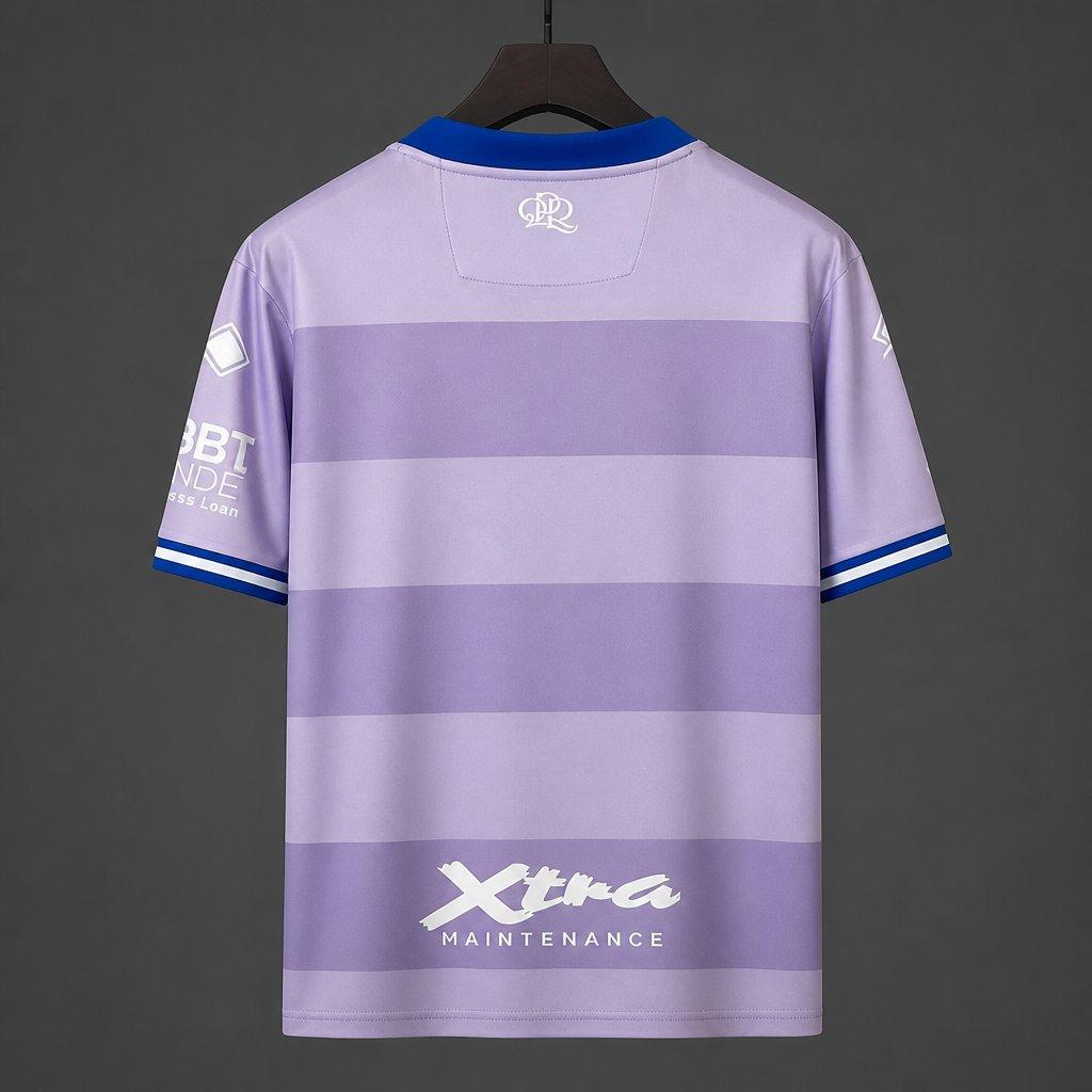 Queens Park Rangers Away Jersey 2026/27 back view with purple hooped design and blue sleeve trim