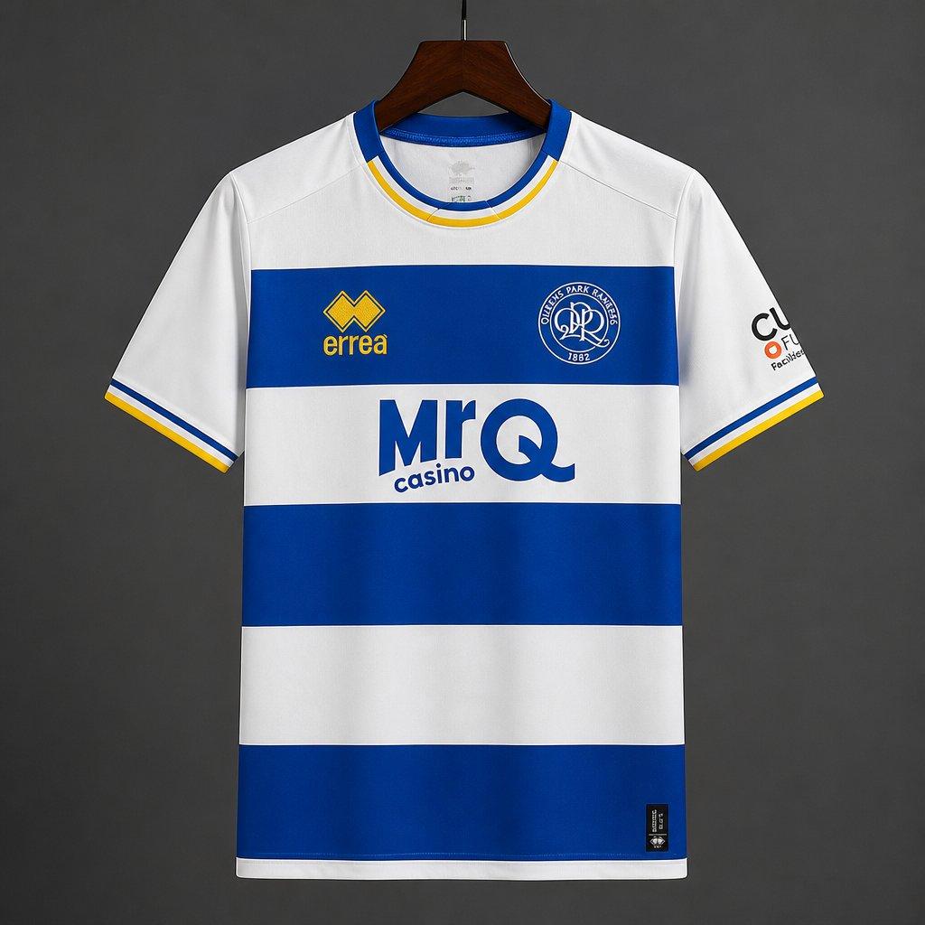 Queens Park Rangers Home Jersey 2026/27 front view with blue and white hoops yellow trim and MRQ sponsor