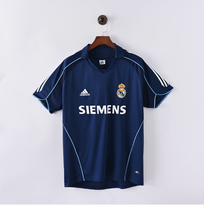 Real Madrid Away Jersey 2005/06 front view in navy blue with light blue piping