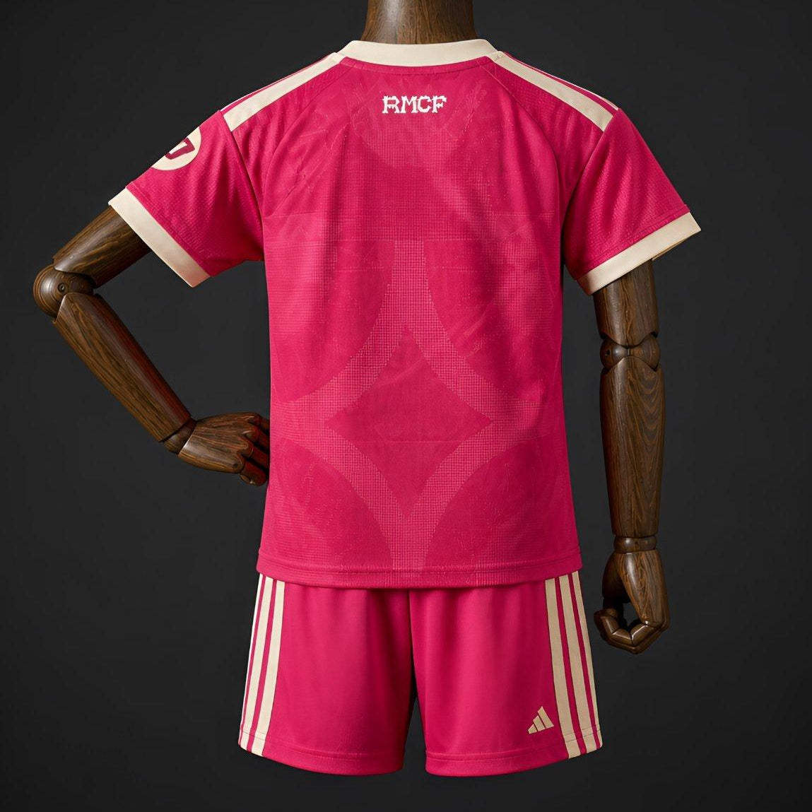 Real Madrid Third Jersey 2026 Kids Set back view with pink jersey and matching shorts