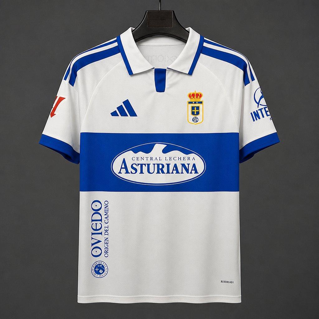 Real Oviedo Away Jersey 2026/27 front view with white base and blue chest band