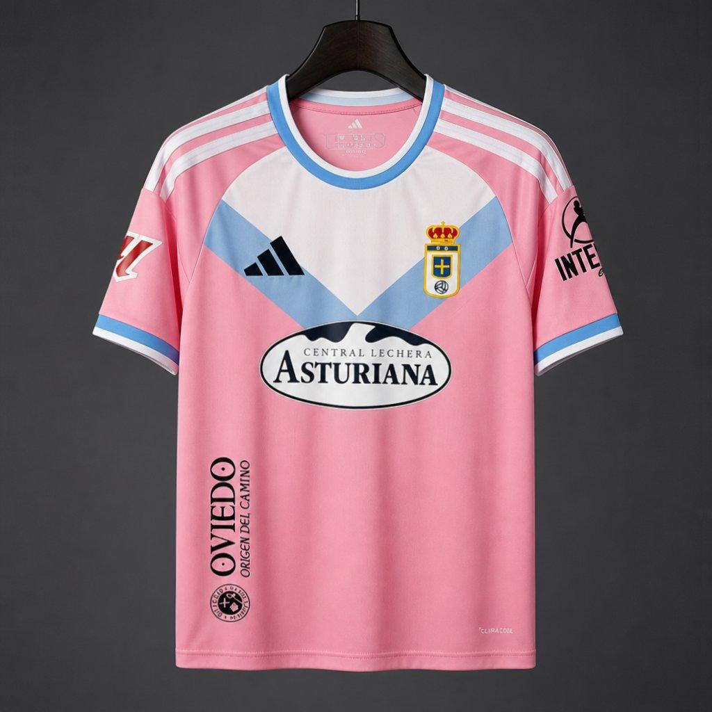 Real Oviedo Third Jersey 2026/27 front view with pink base and white blue chest panel
