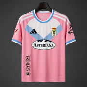 Real Oviedo Third Jersey 2026/27 front view with pink base and white blue chest panel
