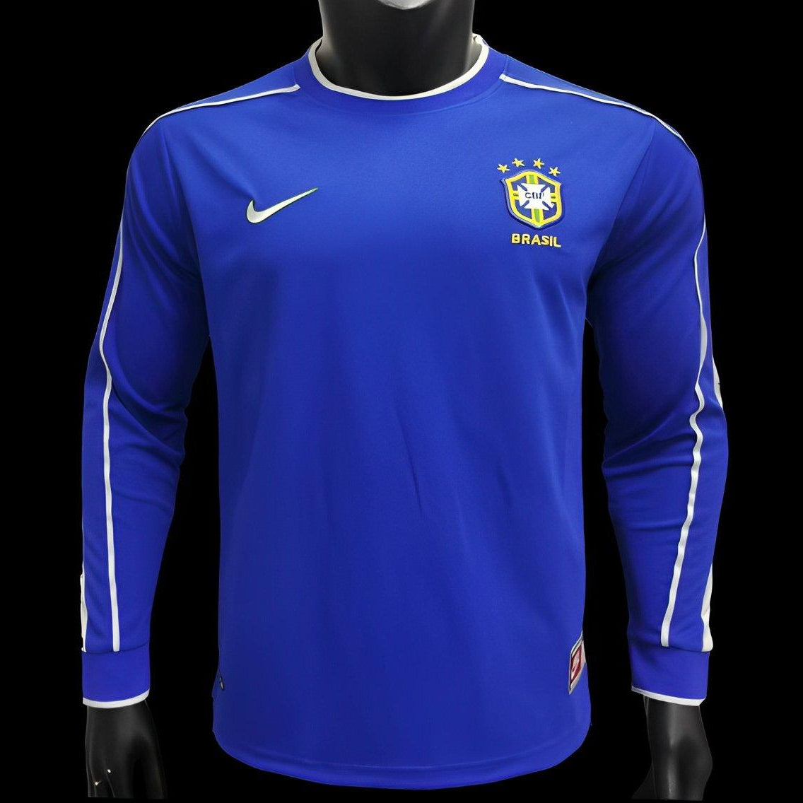 Retro 1998 Brazil Away Jersey front view in royal blue with Brazil crest and Nike logo 