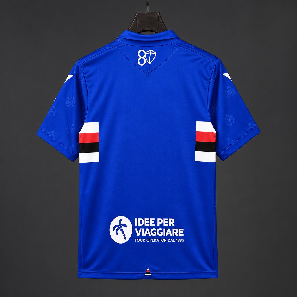 Sampdoria Home Jersey 2026/27 back view in royal blue with horizontal chest stripe details and sponsor graphics
