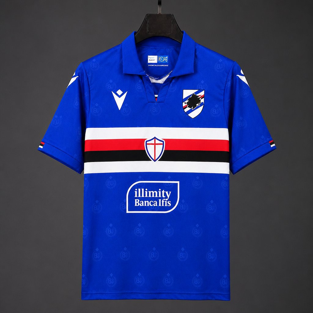 Sampdoria Home Jersey 2026/27 front view in royal blue with white, red and black chest stripe, club crest and sponsor graphics